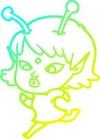 cold gradient line drawing pretty cartoon alien girl running vector