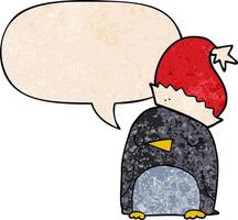 cute christmas penguin and speech bubble in retro texture style vector