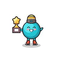 spiky ball cartoon as an ice skating player hold winner trophy vector