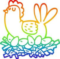 rainbow gradient line drawing cartoon chicken on nest of eggs vector