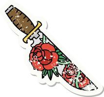 distressed sticker tattoo in traditional style of a dagger and flowers vector