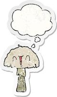 cartoon mushroom and thought bubble as a distressed worn sticker vector