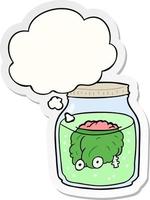 cartoon spooky brain in jar and thought bubble as a printed sticker vector