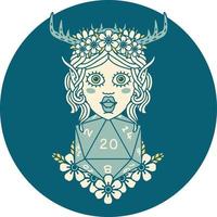 Retro Tattoo Style elf druid character with nautral twenty dice roll vector