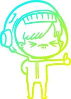 cold gradient line drawing annoyed cartoon space girl giving thumbs up sign vector