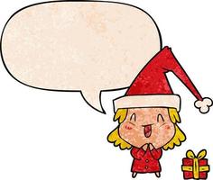 cartoon girl wearing christmas hat and speech bubble in retro texture style vector