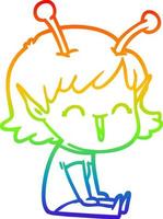 rainbow gradient line drawing cartoon alien girl laughing vector