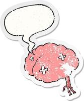 cartoon injured brain and speech bubble distressed sticker vector