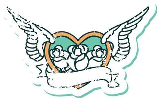 icónica imagen de estilo de tatuaje de pegatina angustiada de un corazón volador con flores y pancarta vector