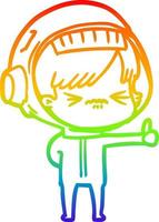 rainbow gradient line drawing annoyed cartoon space girl giving thumbs up sign vector