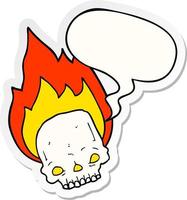 spooky cartoon flaming skull and speech bubble sticker vector