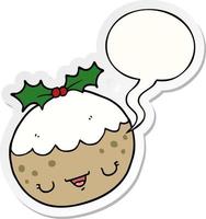 cute cartoon christmas pudding and speech bubble sticker vector