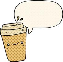 cartoon takeaway coffee and speech bubble in comic book style vector