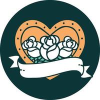 iconic tattoo style image of a heart and banner with flowers vector