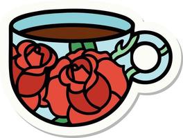 pegatina de tatuaje al estilo tradicional de una taza y flores vector