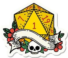 sticker of a natural one d20 dice roll vector