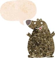 cartoon happy bear and speech bubble in retro textured style vector