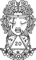 Black and White Tattoo linework Style half orc barbarian with natural twenty dice roll vector
