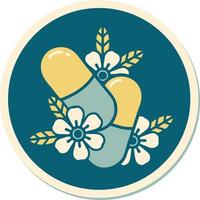 sticker of tattoo in traditional style of pills and flowers vector