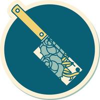 sticker of tattoo in traditional style of a cleaver and flowers vector