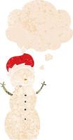 cartoon christmas snowman and thought bubble in retro textured style vector