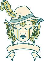 Retro Tattoo Style crying elf bard character face with banner vector