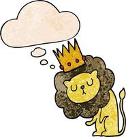 cartoon lion with crown and thought bubble in grunge texture pattern style vector