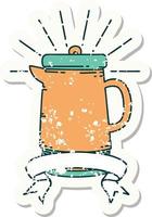 worn old sticker of a tattoo style coffee pot vector