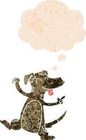 perro bailarín de dibujos animados y burbuja de pensamiento en estilo retro texturizado vector