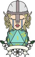 Retro Tattoo Style crying elf fighter character face with natural one D20 roll vector