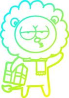 cold gradient line drawing cartoon tired lion with gift vector