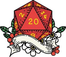 Retro Tattoo Style natural twenty D20 dice roll vector