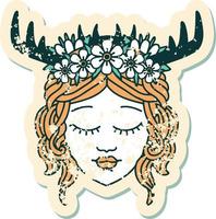 grunge sticker of a human druid character face vector