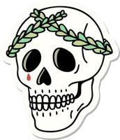 sticker of tattoo in traditional style of a skull with laurel wreath crown vector