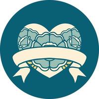 iconic tattoo style image of a heart and banner with flowers vector