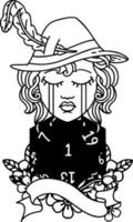 Black and White Tattoo linework Style crying human bard with natural 1 D20 roll vector