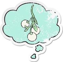 cartoon mistletoe and thought bubble as a distressed worn sticker vector