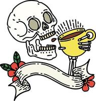 tatuaje tradicional con pancarta de una calavera bebiendo café vector