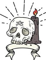 scroll banner with tattoo style spooky skull and candle vector