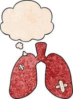cartoon repaired lungs and thought bubble in grunge texture pattern style vector
