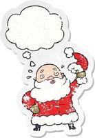 cartoon santa claus waving hat and thought bubble as a distressed worn sticker vector