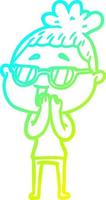 dibujo de línea de gradiente frío mujer feliz de dibujos animados con gafas vector