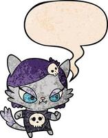 Cute dibujos animados chica gato duro y burbuja de habla en estilo de textura retro vector