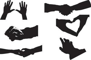 conjunto de varias manos de mujer de silueta negra. colección vectorial de manos femeninas de diferentes gestos. estilo minimalista de moda para logotipos, estampados, diseños, ilustraciones. vector