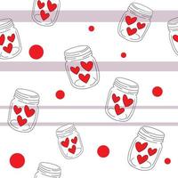 Seamless pattern on striped background with glass jar with twist-on lid filled with three red hearts. in the style of doodles. vector. storage capacity. vector