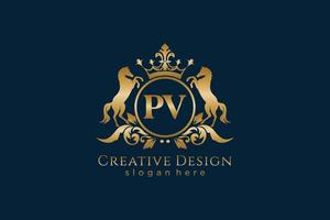 initial PV Retro golden crest with circle and two horses, badge template with scrolls and royal crown - perfect for luxurious branding projects vector