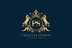 initial PS Retro golden crest with circle and two horses, badge template with scrolls and royal crown - perfect for luxurious branding projects vector