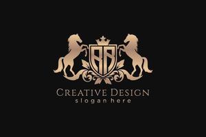 initial RR Retro golden crest with shield and two horses, badge template with scrolls and royal crown - perfect for luxurious branding projects vector