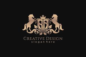 initial RR Retro golden crest with shield and two horses, badge template with scrolls and royal crown - perfect for luxurious branding projects vector