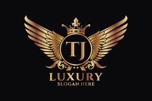 Luxury royal wing Letter TJ crest Gold color Logo vector, Victory logo, crest logo, wing logo, vector logo template.